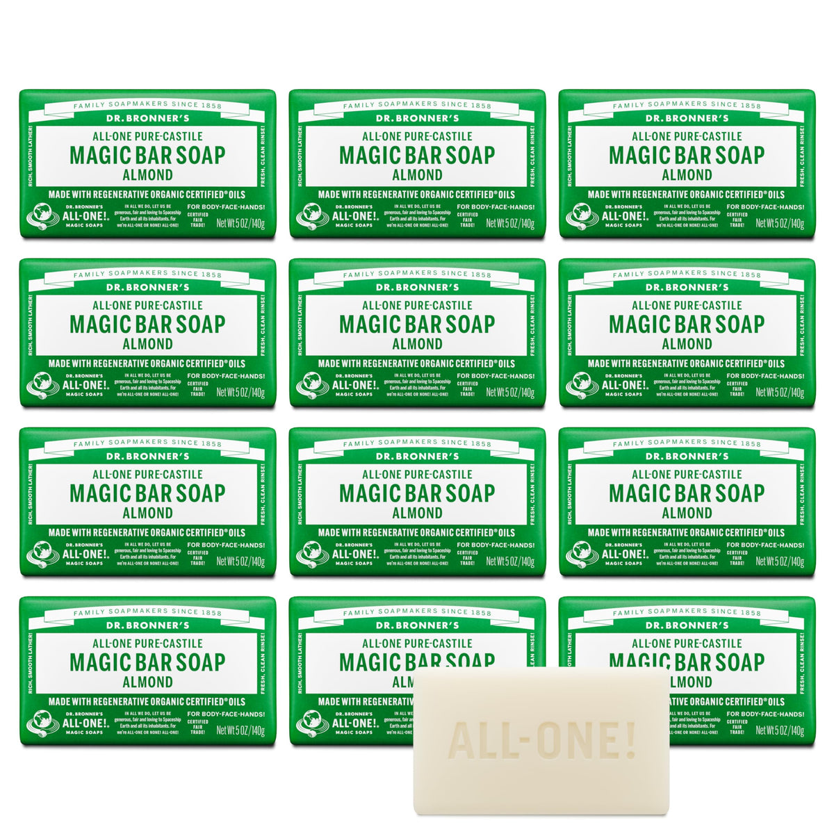 Dr. Bronner's Pure-Castile Bar Soap for Men & Women, Almond, 5 oz, 6-Pack