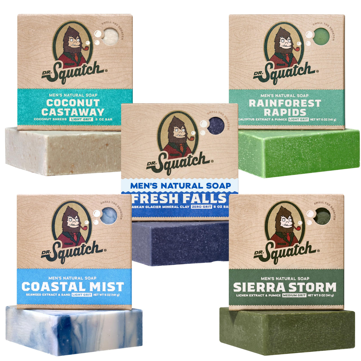 Dr. Squatch Natural Men’s Bar Soap - Cold Process Body Soap Bar with Natural Oils - Gifts for Men - Summer Citrus, Coconut Castaway, Fresh Falls, Coastal Mist & More (5 oz, 5-Pack, Scents May Vary)