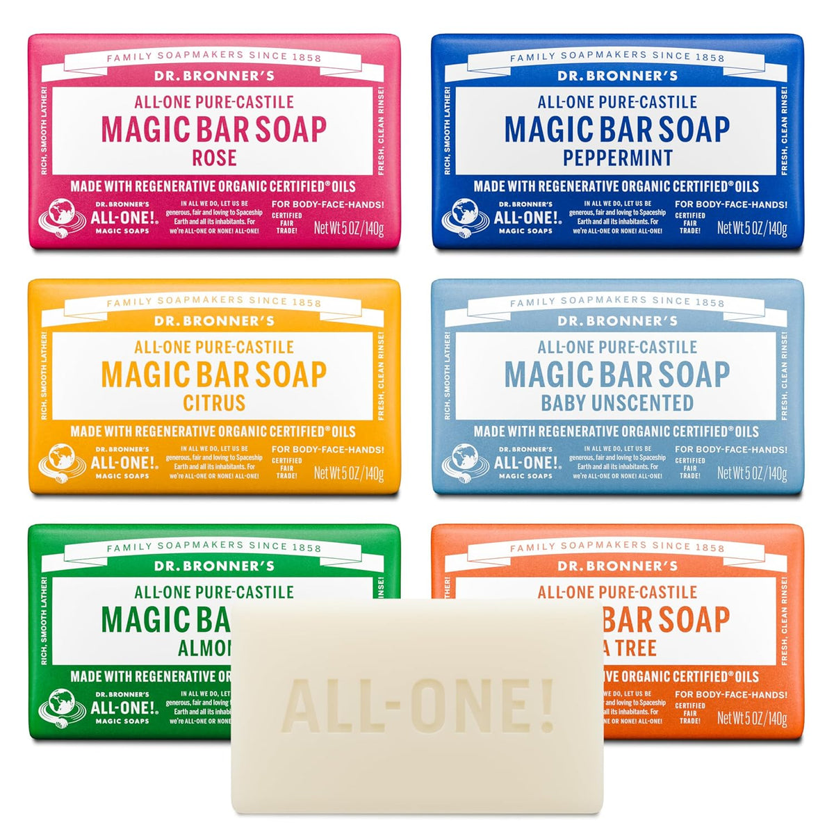 Dr. Bronner's Pure-Castile Magic Bar Soaps (5 Ounce Variety Gift Pack) Almond, Unscented, Lavender, Peppermint, Citrus, Rose - Made with Natural & Organic Certified Oils, Vegan, Non-GMO