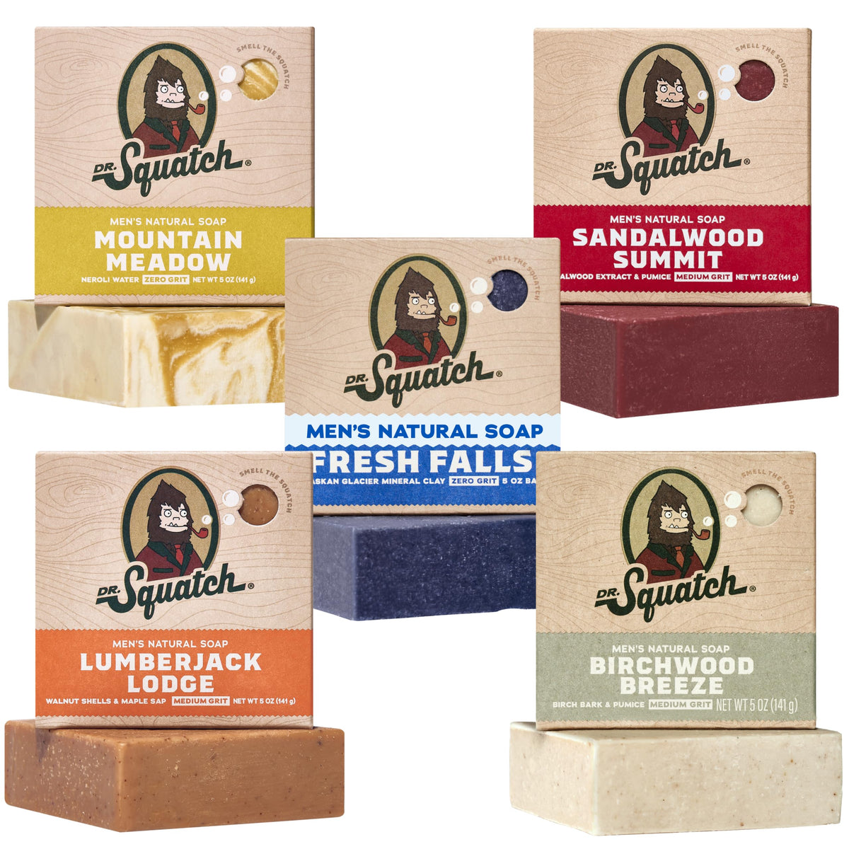 Dr. Squatch Natural Men’s Bar Soap - Cold Process Body Soap Bar with Natural Oils - Gifts for Men - Summer Citrus, Coconut Castaway, Fresh Falls, Coastal Mist & More (5 oz, 5-Pack, Scents May Vary)