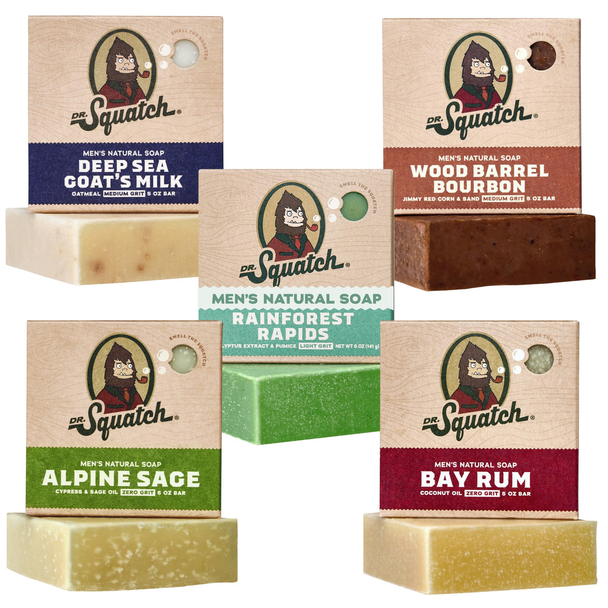 Dr. Squatch Natural Men’s Bar Soap - Cold Process Body Soap Bar with Natural Oils - Gifts for Men - Summer Citrus, Coconut Castaway, Fresh Falls, Coastal Mist & More (5 oz, 5-Pack, Scents May Vary)
