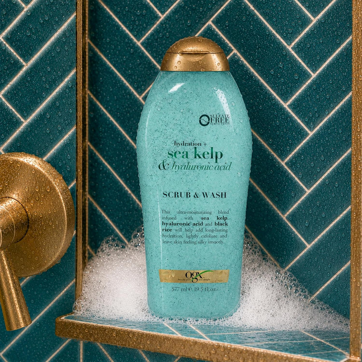 OGX Hydration + Sea Kelp & Hyaluronic Acid Sulfate-Free Lightly Moisturizing Body Scrub with Black Rice, Gentle Exfoliating Daily Body Wash to Soften & Smooth Skin, 19.5 Fl Oz