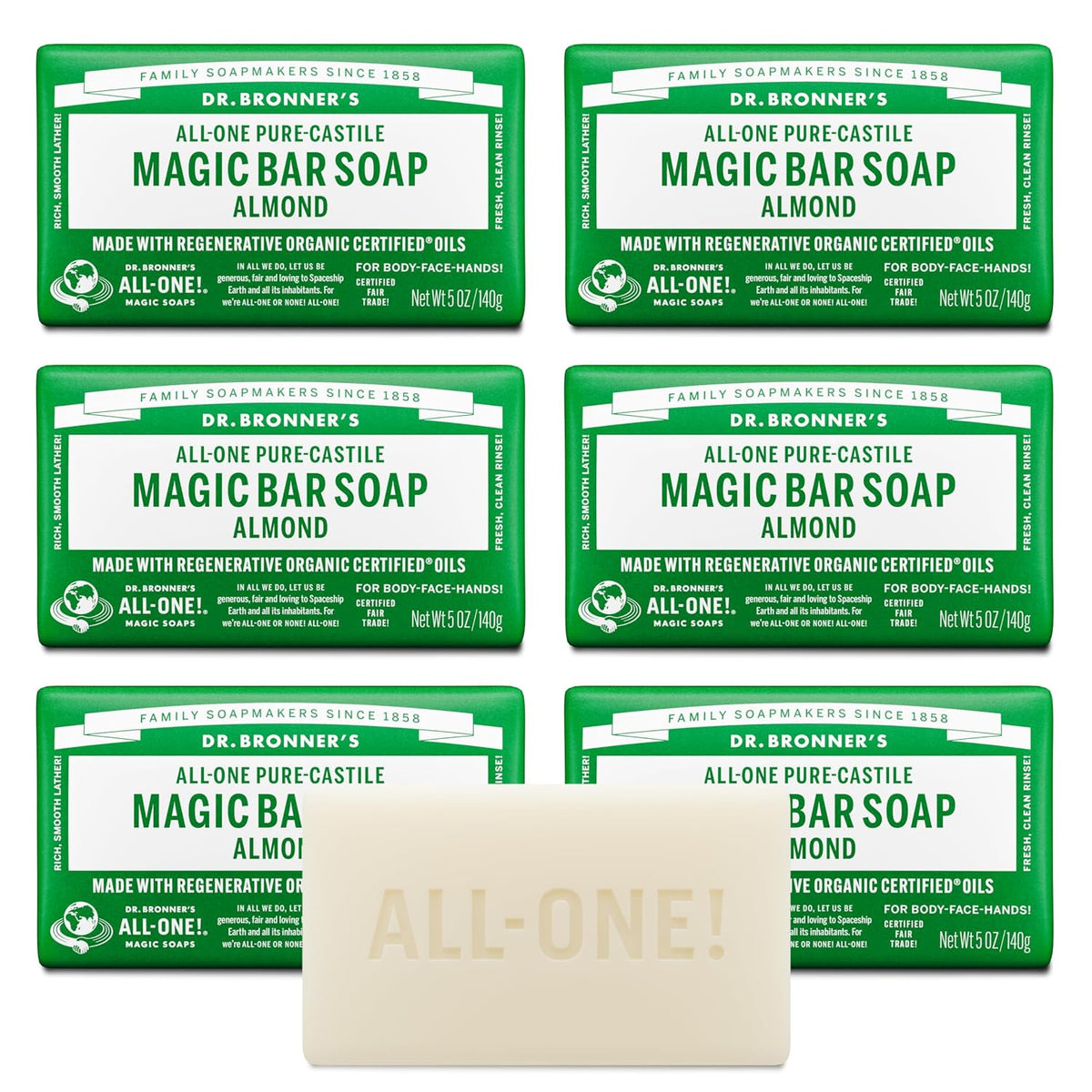 Dr. Bronner's Pure-Castile Bar Soap for Men & Women, Almond, 5 oz, 6-Pack