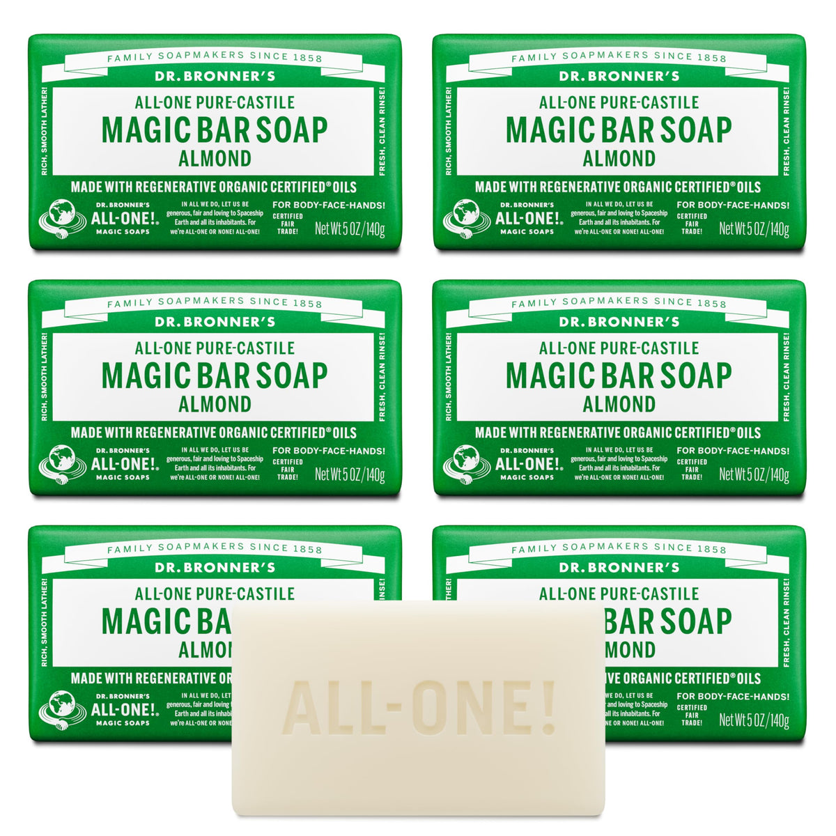 Dr. Bronner's Pure-Castile Bar Soap for Men & Women, Almond, 5 oz, 6-Pack