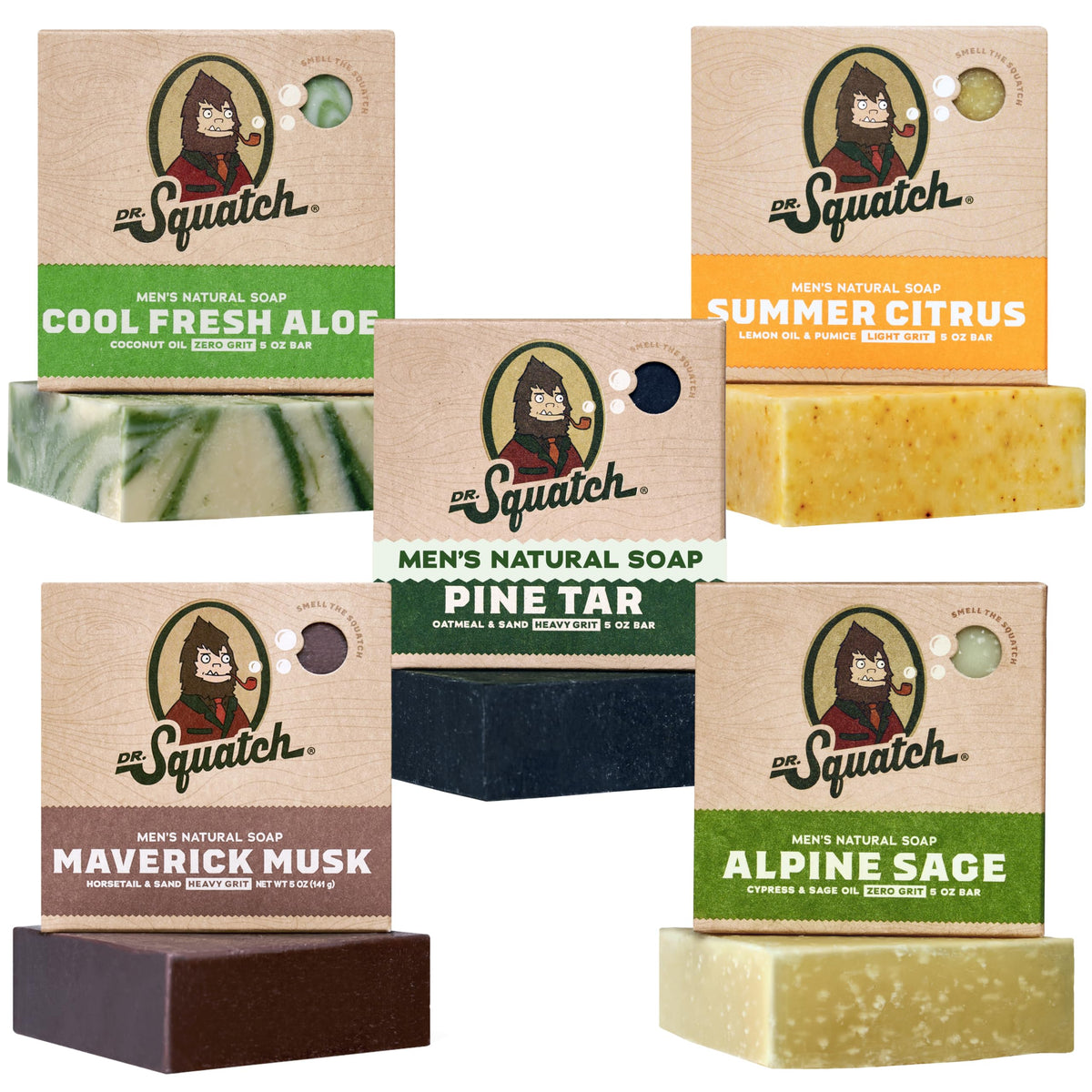 Dr. Squatch Natural Men’s Bar Soap - Cold Process Body Soap Bar with Natural Oils - Gifts for Men - Summer Citrus, Coconut Castaway, Fresh Falls, Coastal Mist & More (5 oz, 5-Pack, Scents May Vary)