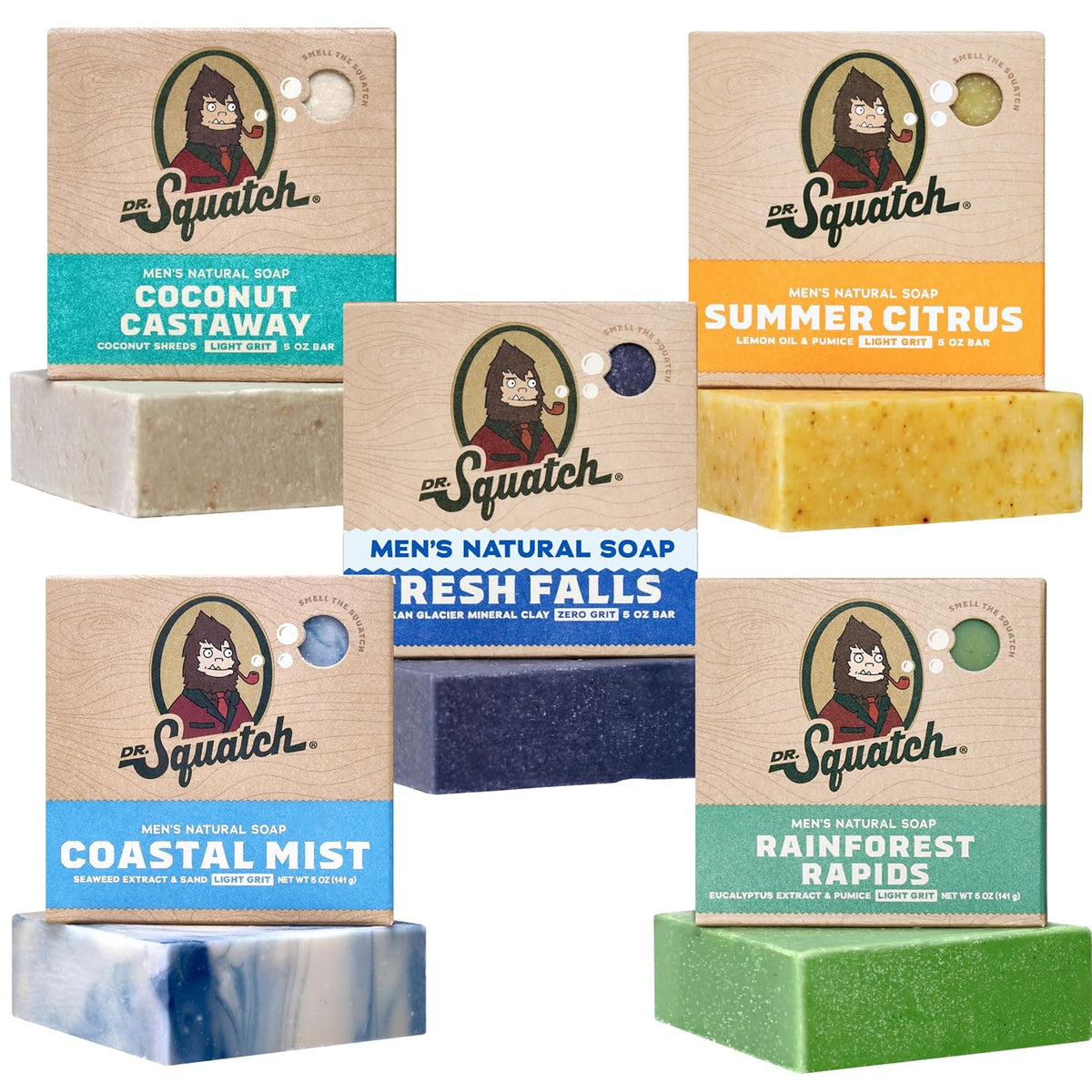 Dr. Squatch Natural Men’s Bar Soap - Cold Process Body Soap Bar with Natural Oils - Gifts for Men - Summer Citrus, Coconut Castaway, Fresh Falls, Coastal Mist & More (5 oz, 5-Pack, Scents May Vary)