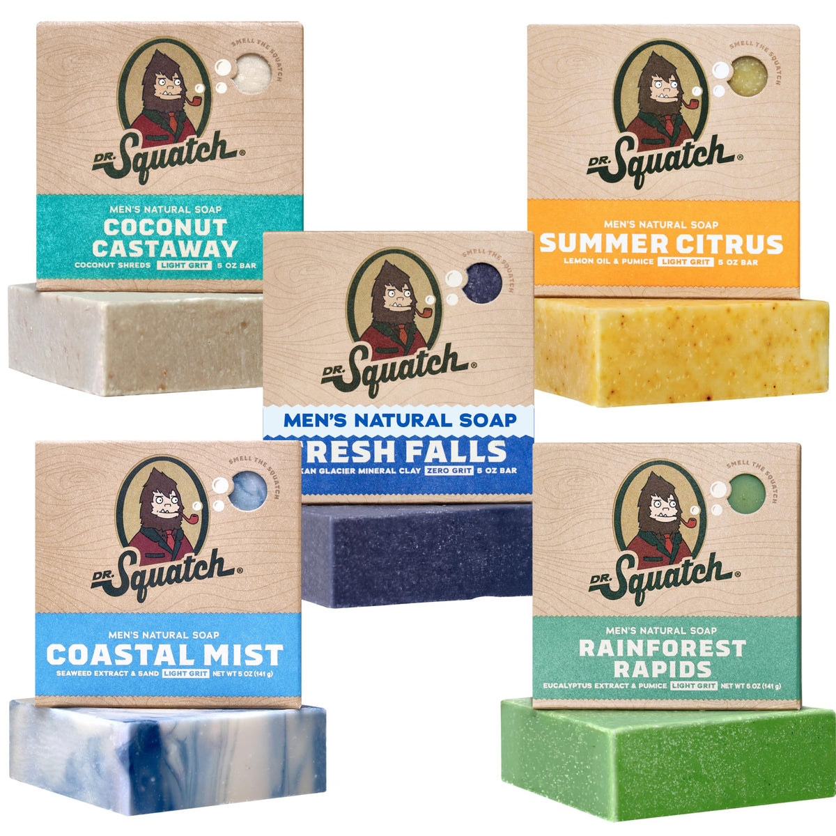 Dr. Squatch Natural Men’s Bar Soap - Cold Process Body Soap Bar with Natural Oils - Gifts for Men - Summer Citrus, Coconut Castaway, Fresh Falls, Coastal Mist & More (5 oz, 5-Pack, Scents May Vary)