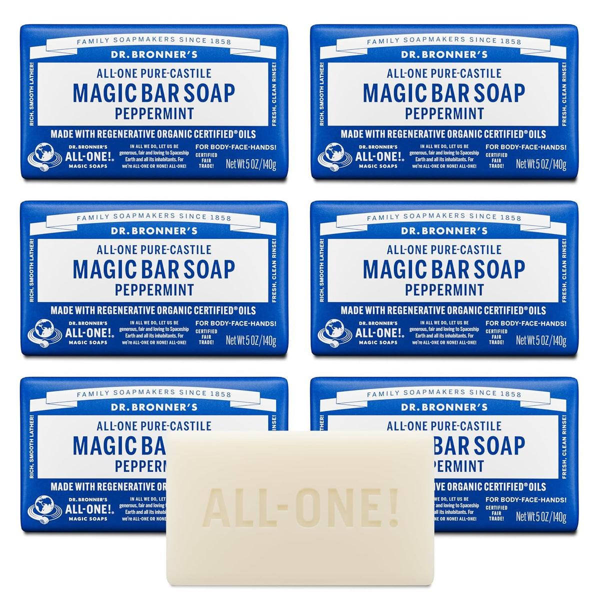 Dr. Bronner's Castile Bar Soap for Men & Women, Peppermint, 5 oz, 6-Pack