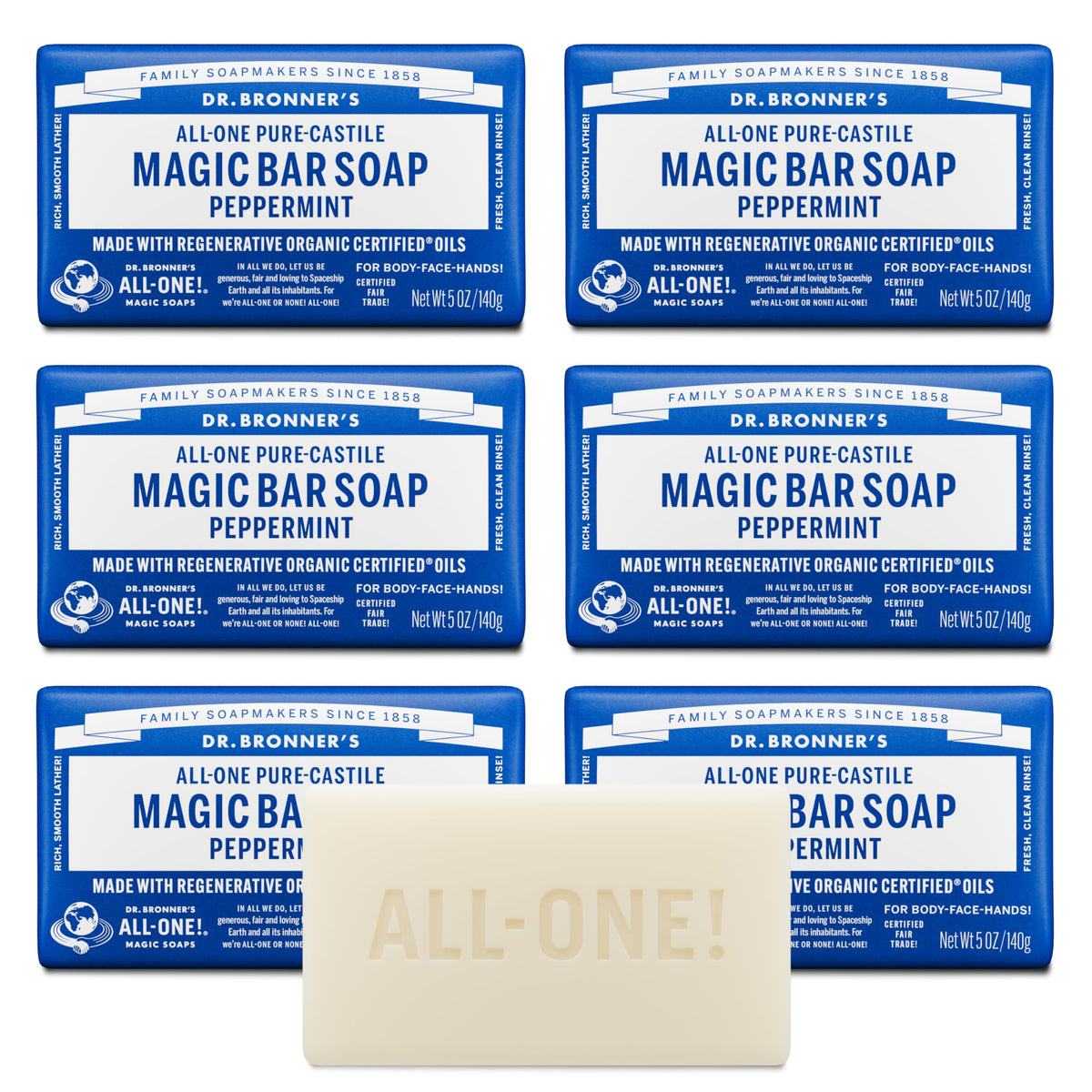 Dr. Bronner's Castile Bar Soap for Men & Women, Peppermint, 5 oz, 6-Pack