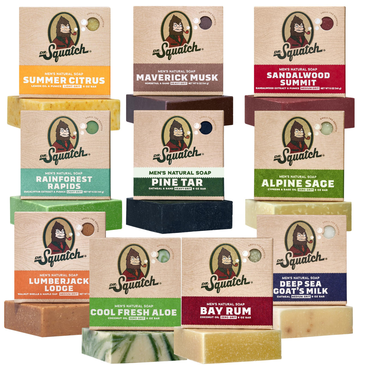 Dr. Squatch Natural Men’s Bar Soap - Cold Process Body Soap Bar with Natural Oils - Gifts for Men - Coconut Castaway, Fresh Falls, Wood Barrel Bourbon, Birchwood Breeze & more (5 oz, 10-Pack)