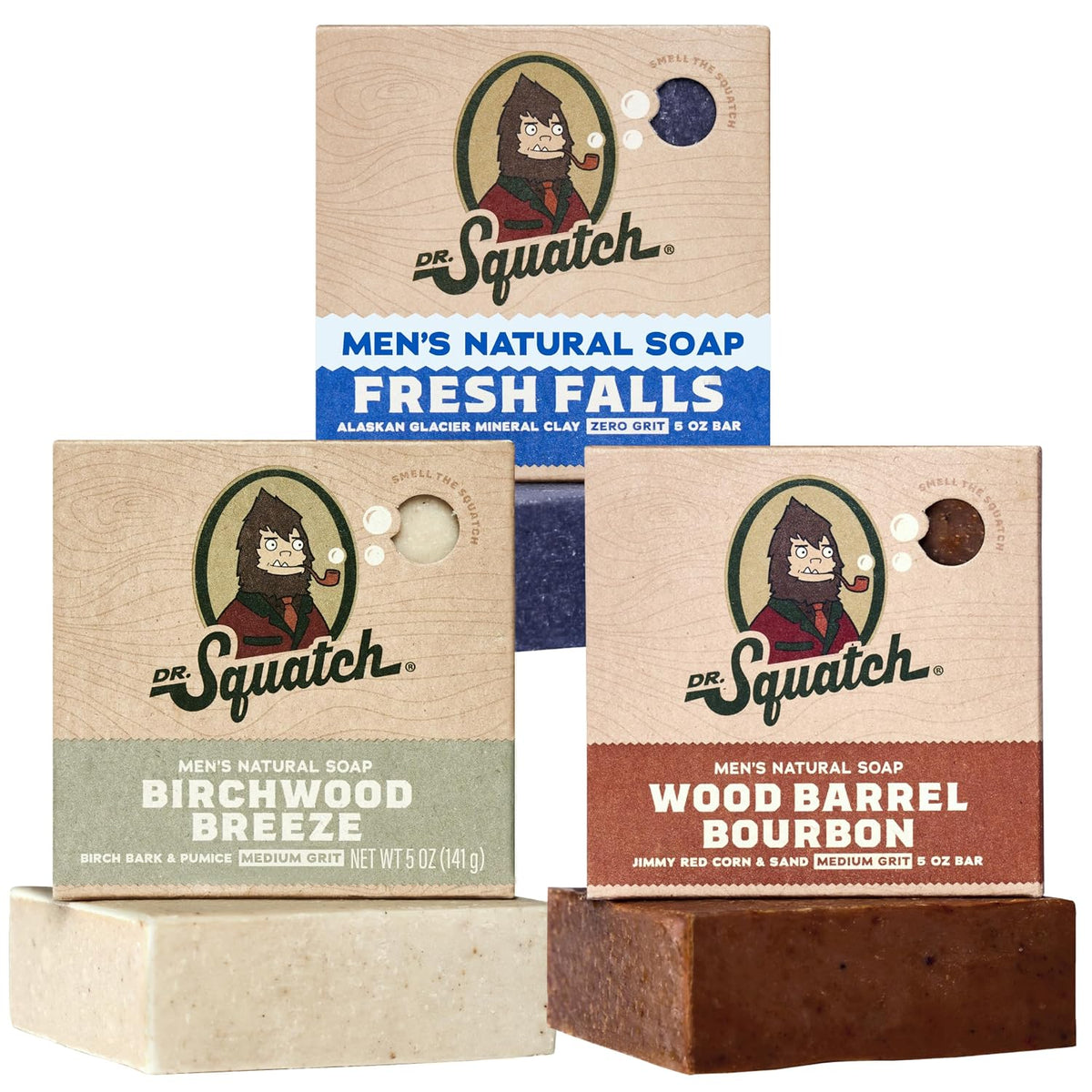Dr. Squatch Natural Men’s Bar Soap - Cold Process Body Soap Bar with Natural Oils - Gifts for Men - Birchwood Breeze, Fresh Falls & Wood Barrel Bourbon (5 oz, 3-Pack)
