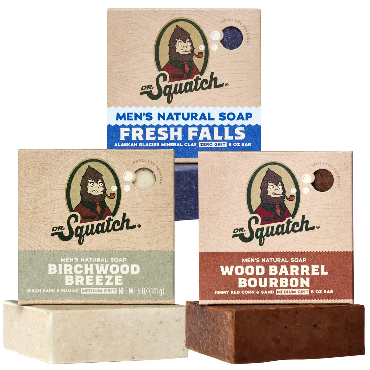 Dr. Squatch Natural Men’s Bar Soap - Cold Process Body Soap Bar with Natural Oils - Gifts for Men - Coconut Castaway, Fresh Falls & Cool Fresh Aloe (5 oz, 3-Pack)