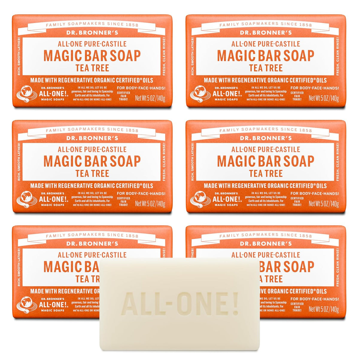 Dr. Bronner's Pure-Castile Bar Soap for Men & Women, Tea Tree, 5 oz, 6-Pack