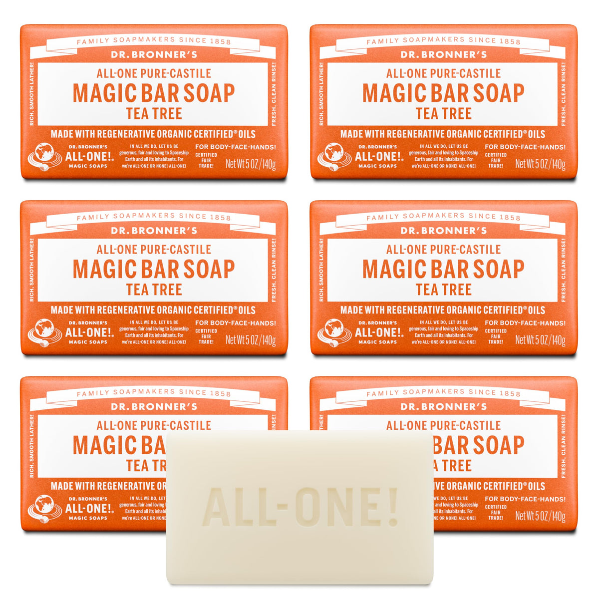 Dr. Bronner's Pure-Castile Bar Soap for Men & Women, Tea Tree, 5 oz, 6-Pack
