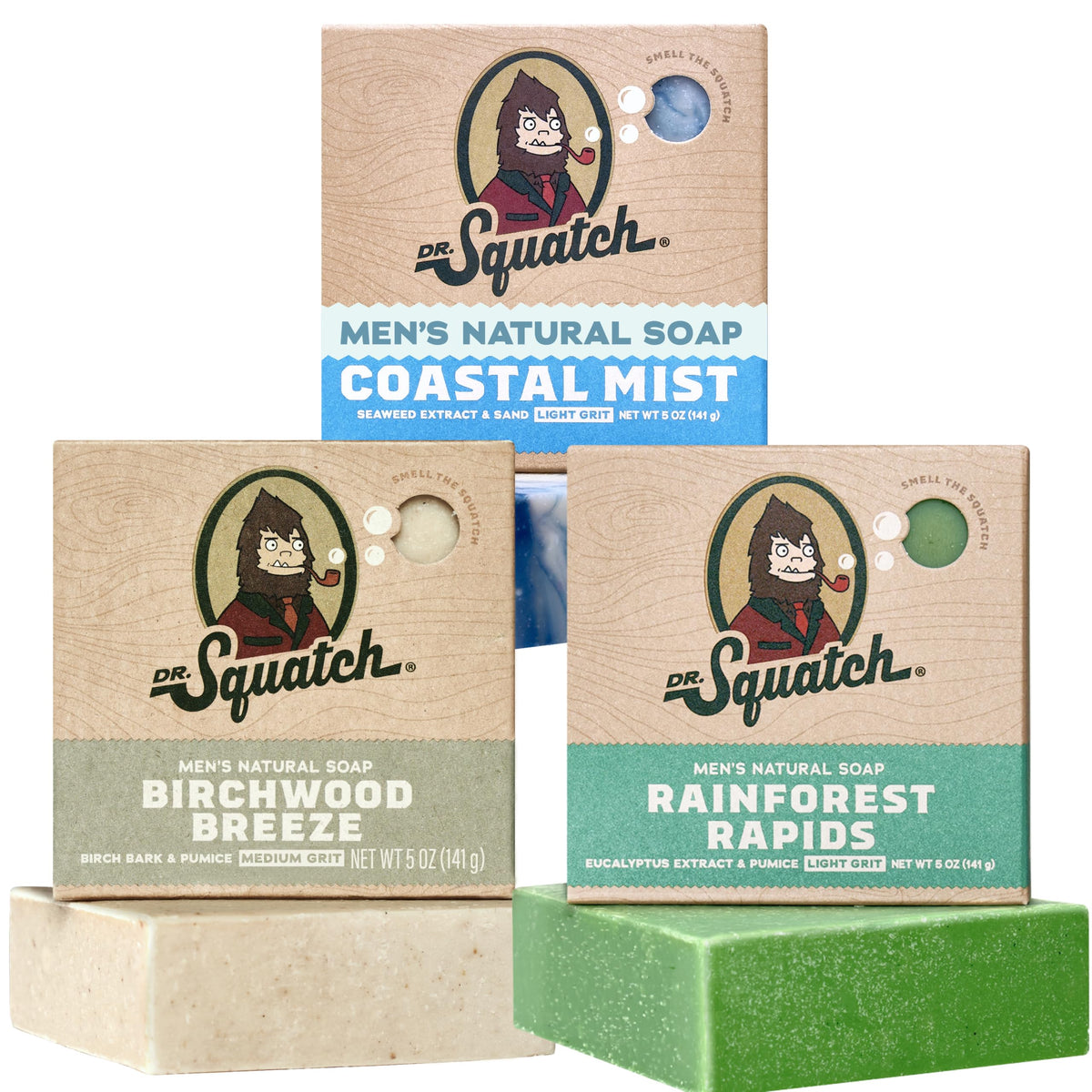 Dr. Squatch Natural Men’s Bar Soap - Cold Process Body Soap Bar with Natural Oils - Gifts for Men - Birchwood Breeze, Fresh Falls & Wood Barrel Bourbon (5 oz, 3-Pack)