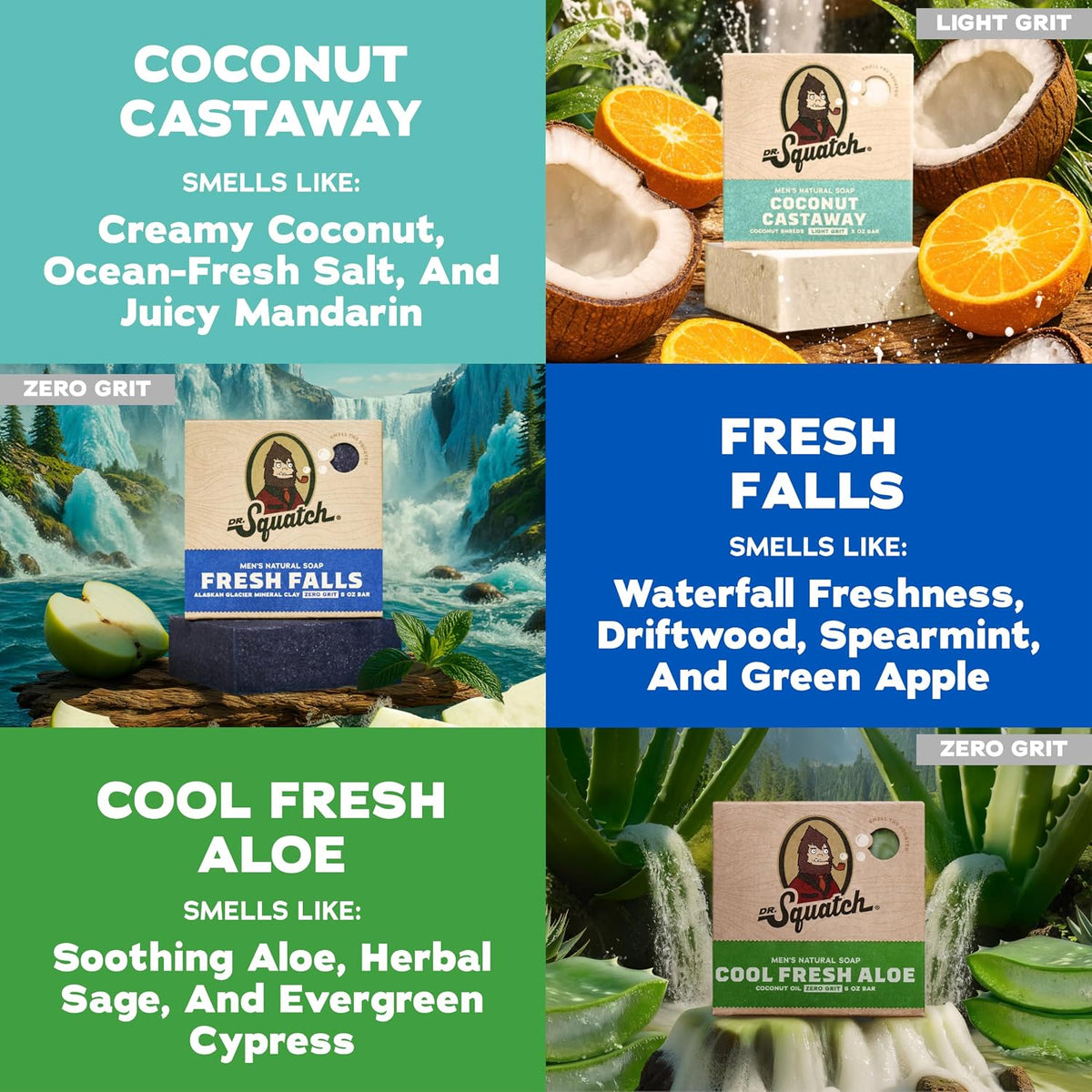 Dr. Squatch Natural Men’s Bar Soap - Cold Process Body Soap Bar with Natural Oils - Gifts for Men - Coconut Castaway, Fresh Falls & Cool Fresh Aloe (5 oz, 3-Pack)