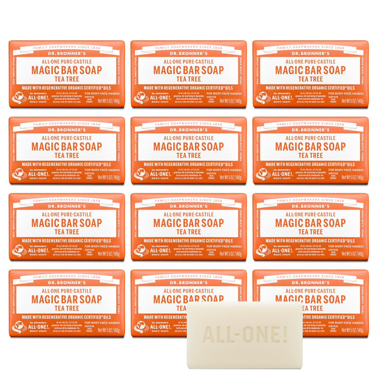 Dr. Bronner's Pure-Castile Bar Soap for Men & Women, Tea Tree, 5 oz, 6-Pack