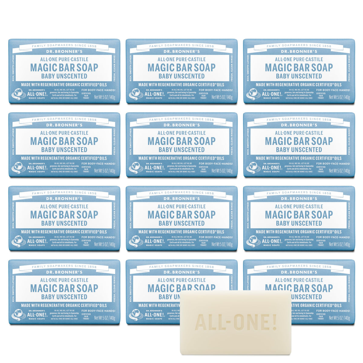 Dr. Bronner's Pure-Castile Bar Soap, Baby Unscented, 5 oz, 2-Pack
