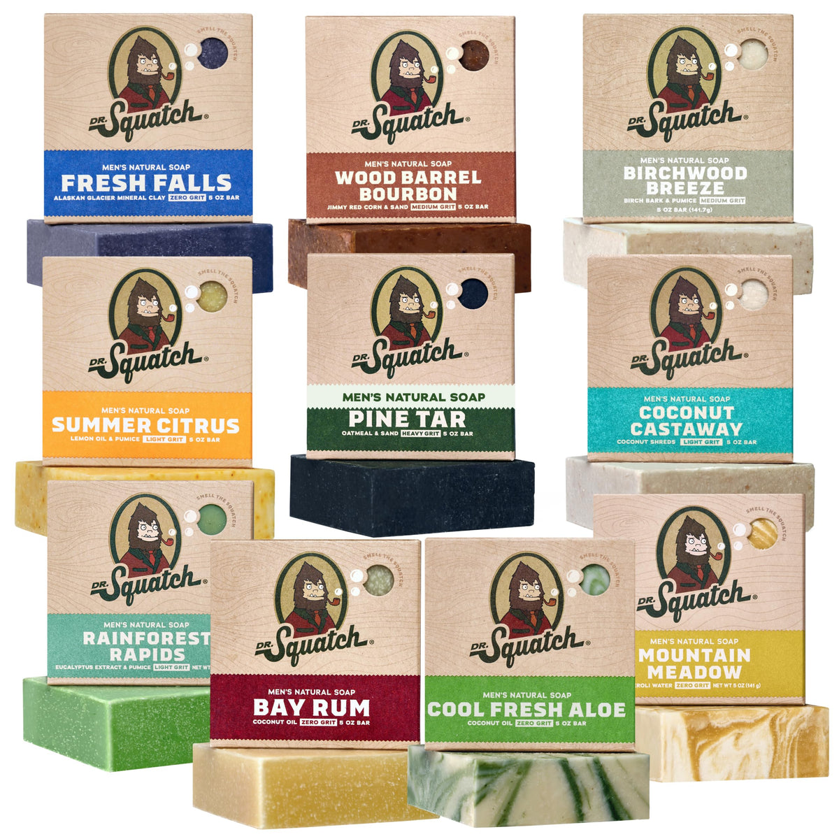 Dr. Squatch Natural Men’s Bar Soap - Cold Process Body Soap Bar with Natural Oils - Gifts for Men - Coconut Castaway, Fresh Falls, Wood Barrel Bourbon, Birchwood Breeze & more (5 oz, 10-Pack)