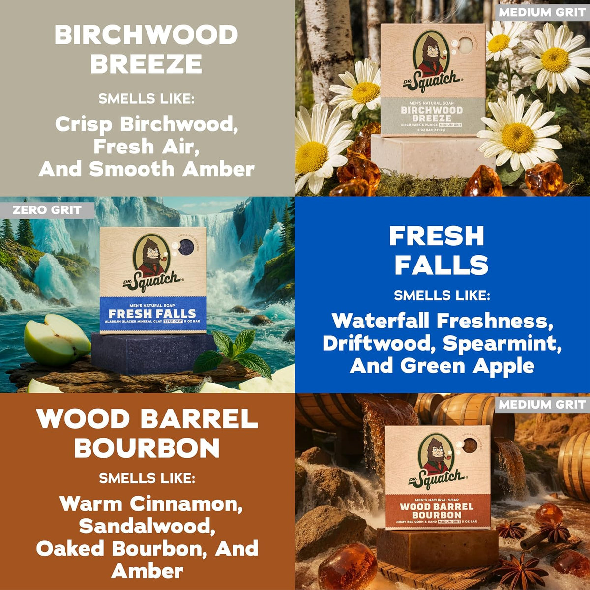 Dr. Squatch Natural Men’s Bar Soap - Cold Process Body Soap Bar with Natural Oils - Gifts for Men - Birchwood Breeze, Fresh Falls & Wood Barrel Bourbon (5 oz, 3-Pack)