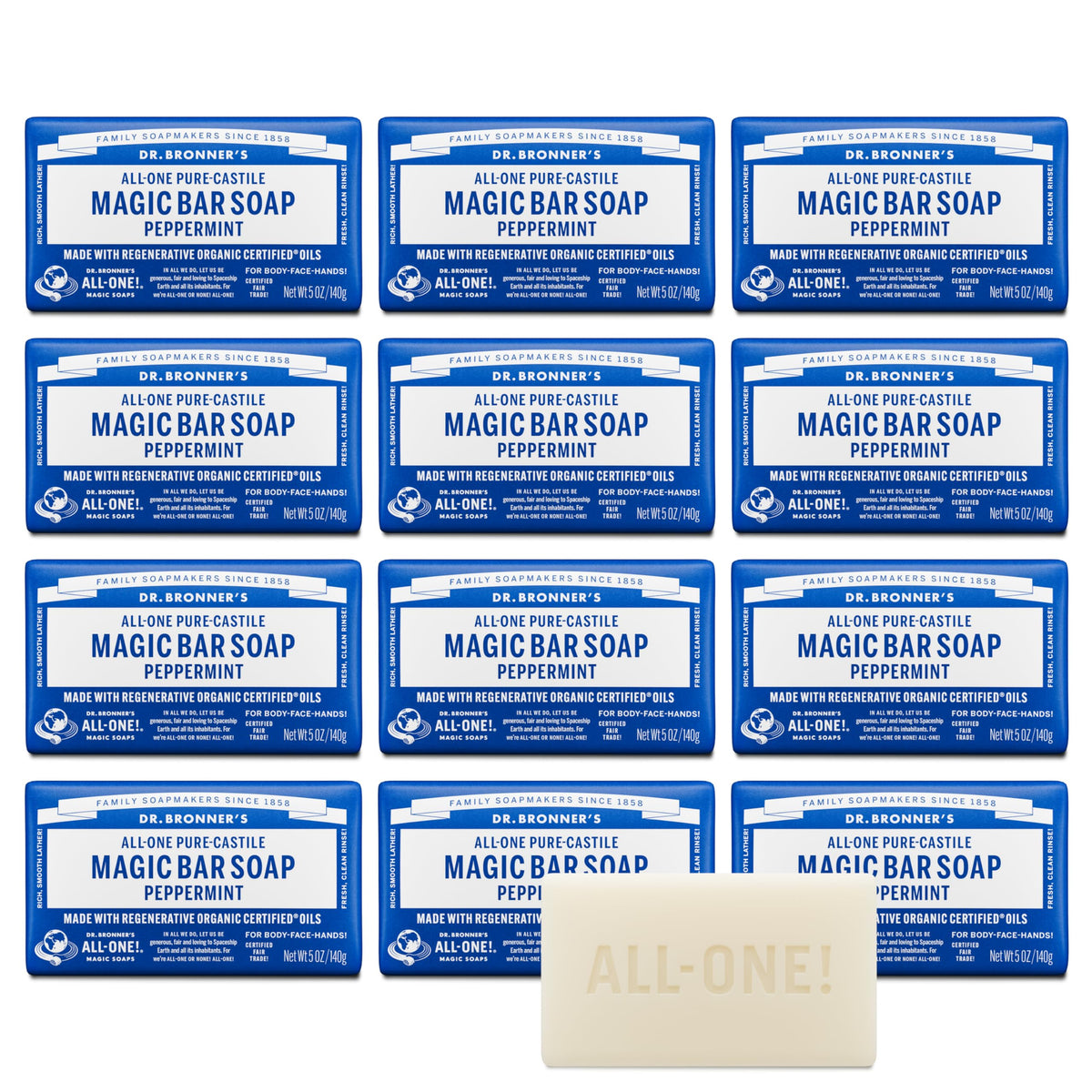 Dr. Bronner's Castile Bar Soap for Men & Women, Peppermint, 5 oz, 6-Pack