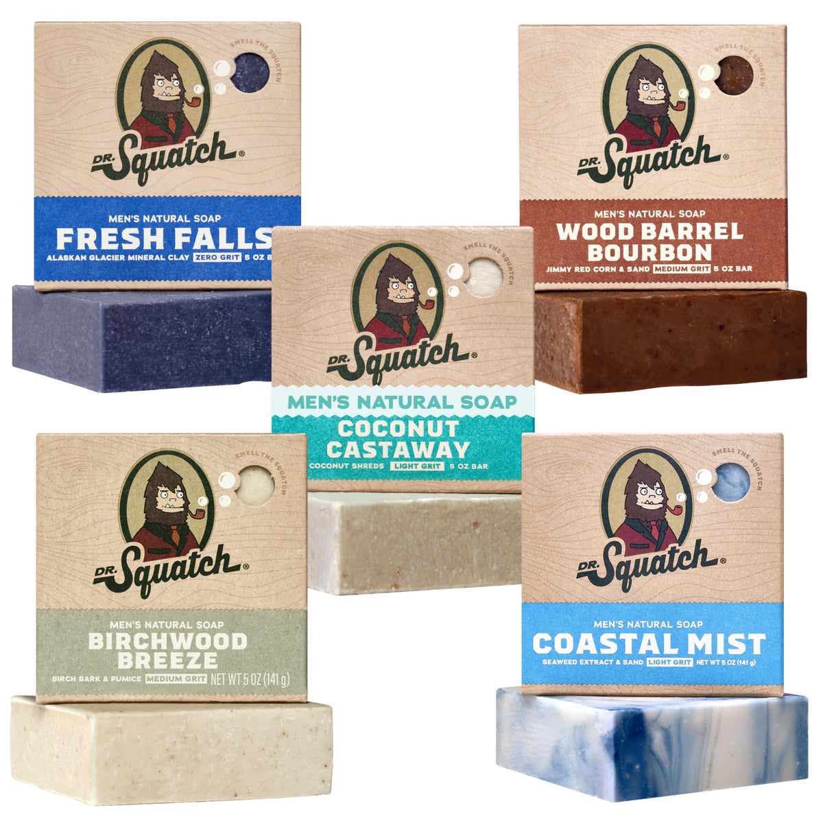 Dr. Squatch Natural Men’s Bar Soap - Cold Process Body Soap Bar with Natural Oils - Gifts for Men - Summer Citrus, Coconut Castaway, Fresh Falls, Coastal Mist & More (5 oz, 5-Pack, Scents May Vary)