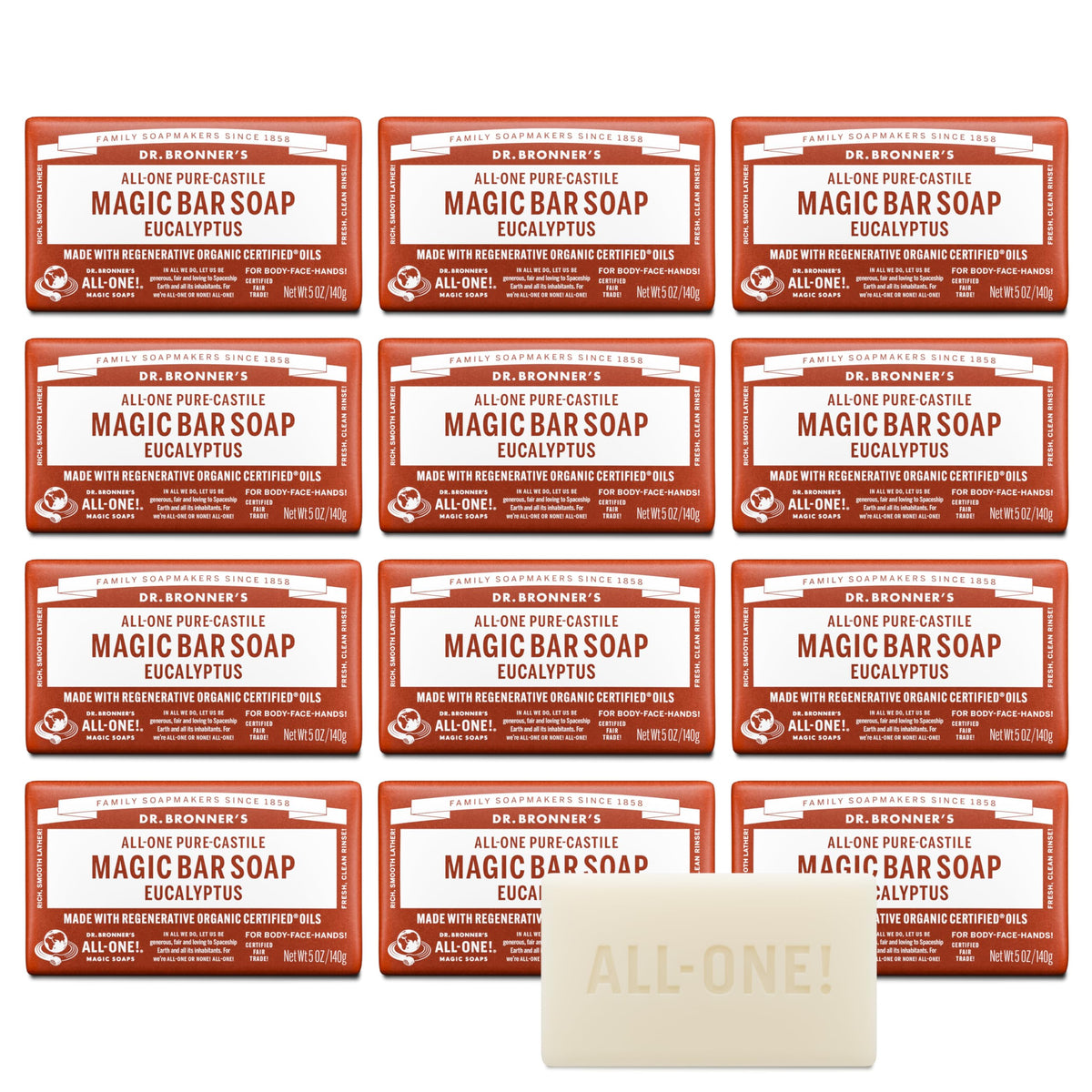 Dr. Bronner's Castile Bar Soap for Men & Women, Eucalyptus, 5 oz, 2-Pack