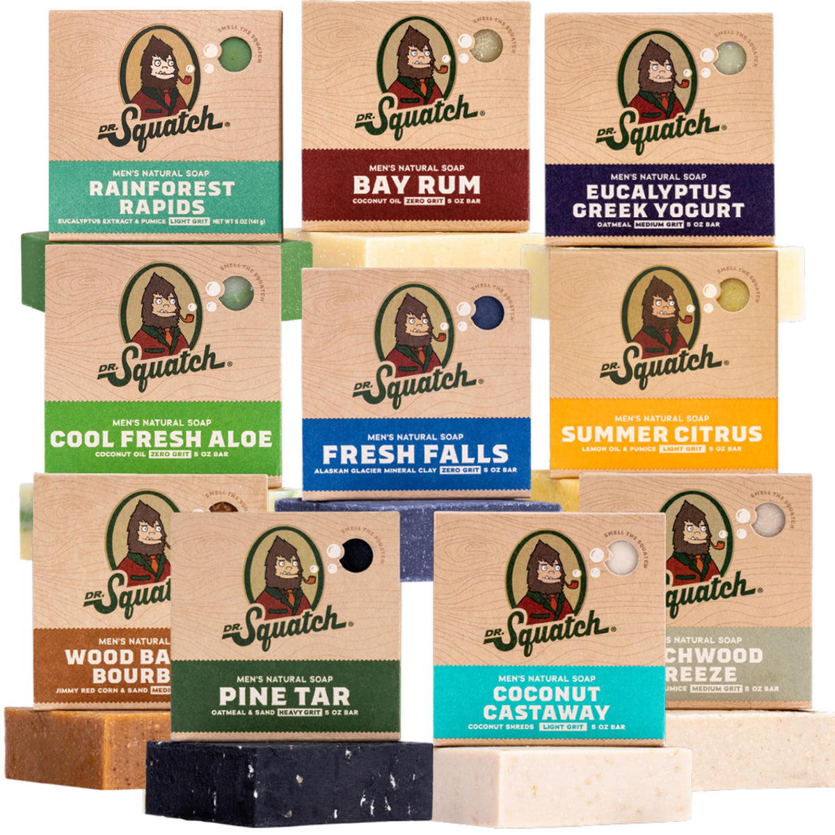 Dr. Squatch Natural Men’s Bar Soap - Cold Process Body Soap Bar with Natural Oils - Gifts for Men - Coconut Castaway, Fresh Falls, Wood Barrel Bourbon, Birchwood Breeze & more (5 oz, 10-Pack)