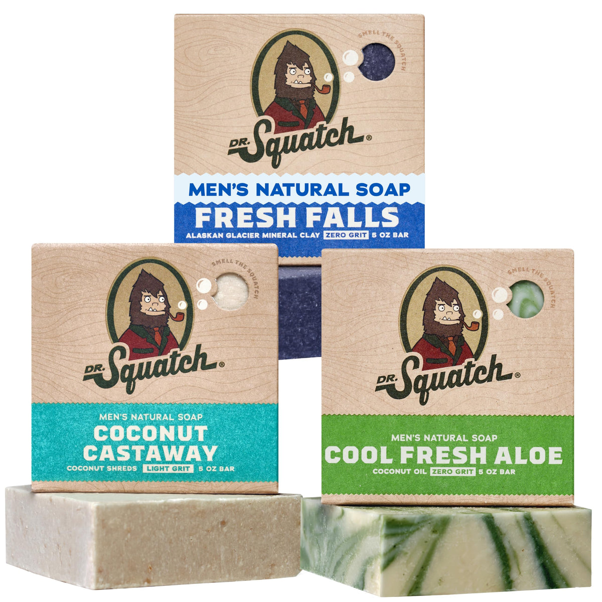 Dr. Squatch Natural Men’s Bar Soap - Cold Process Body Soap Bar with Natural Oils - Gifts for Men - Birchwood Breeze, Fresh Falls & Wood Barrel Bourbon (5 oz, 3-Pack)