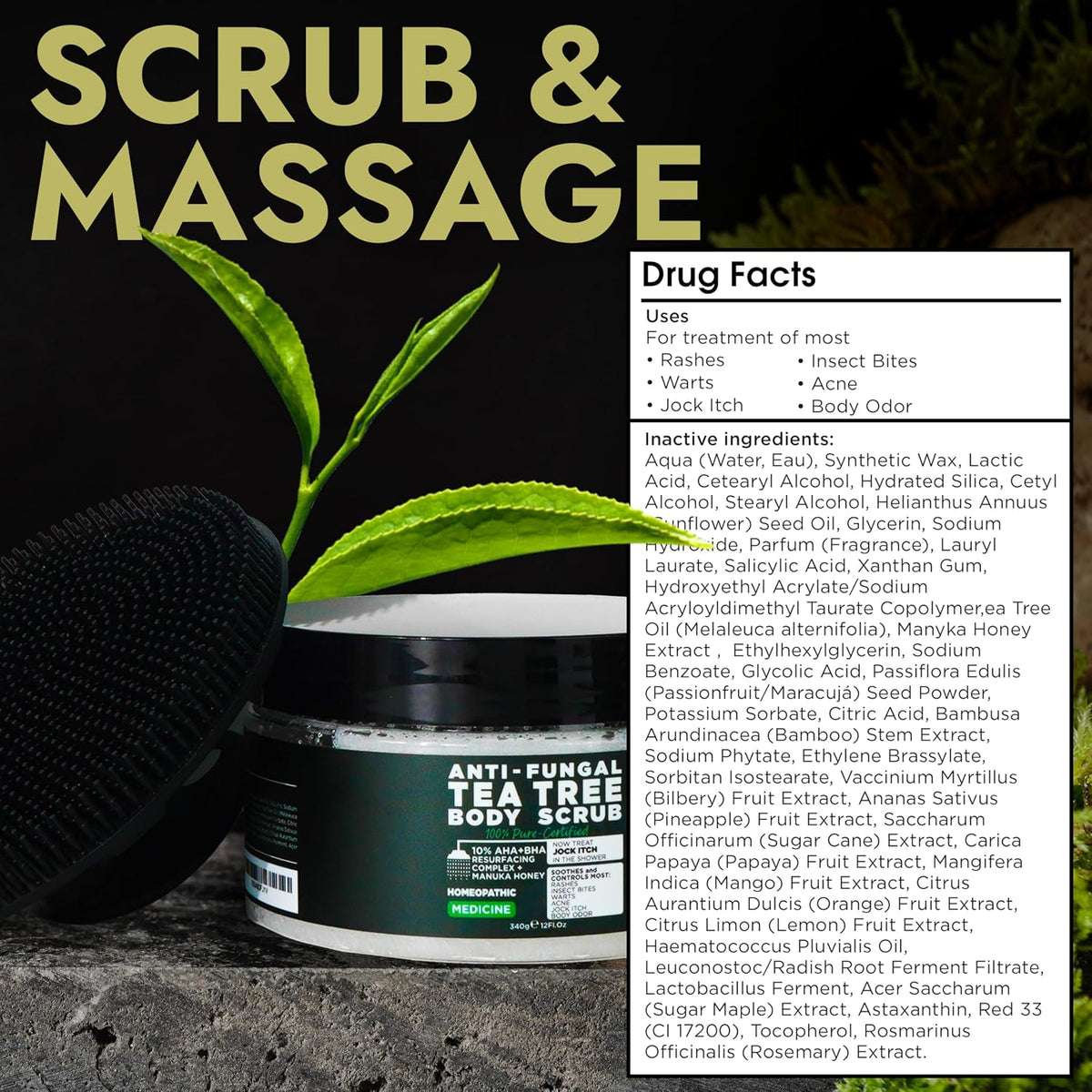 Antifungal Body Scrub with Tea Tree Oil Soothes Itchy Skin & Rashes